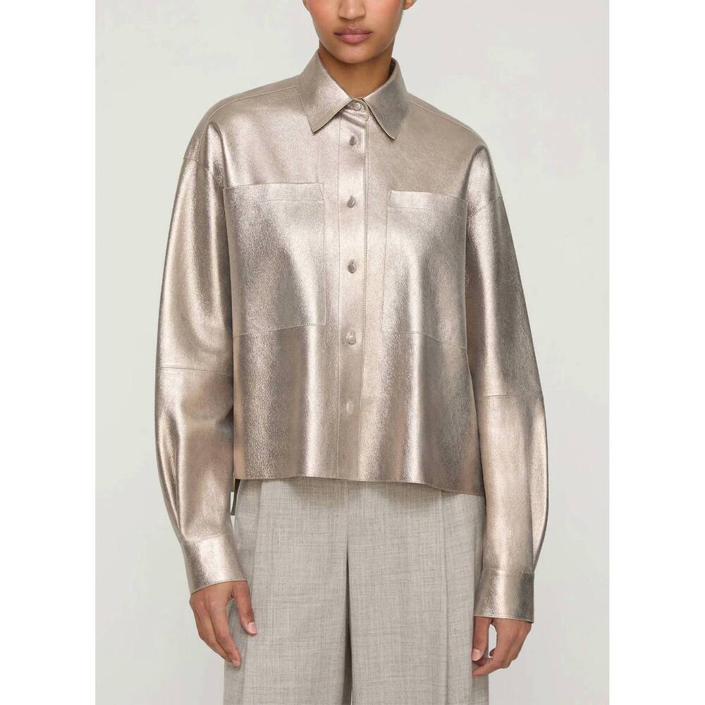 NEW LAFAYETTE 148 metallic suede oversized boyfriend shirt in stardust
